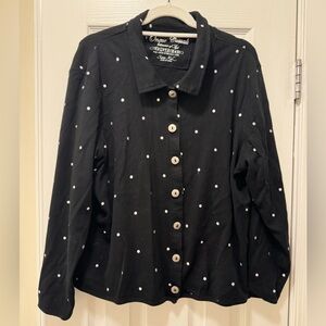 Polka dot long sleeve collared button-up sweater